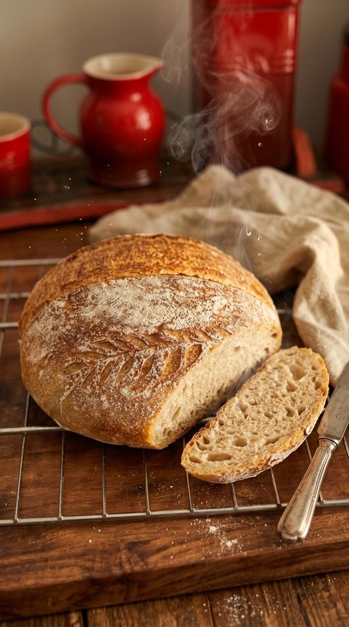 Freshly baked sourdough loaf cooling on a rack
